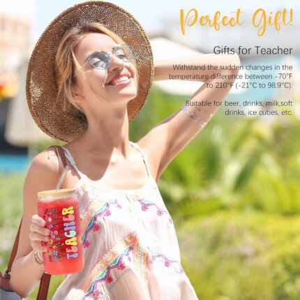 A UAREHIBY 9-piece floral teacher appreciation gift set with a 16oz glass cup, candle, and tote bag displayed in a gift box.