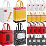 A set of 24 colorful Wesnoy reusable non-woven tote bags with handles, featuring various school-themed designs like crayons a