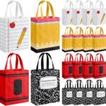 A set of 24 colorful Wesnoy reusable non-woven tote bags with handles, featuring various school-themed designs like crayons a