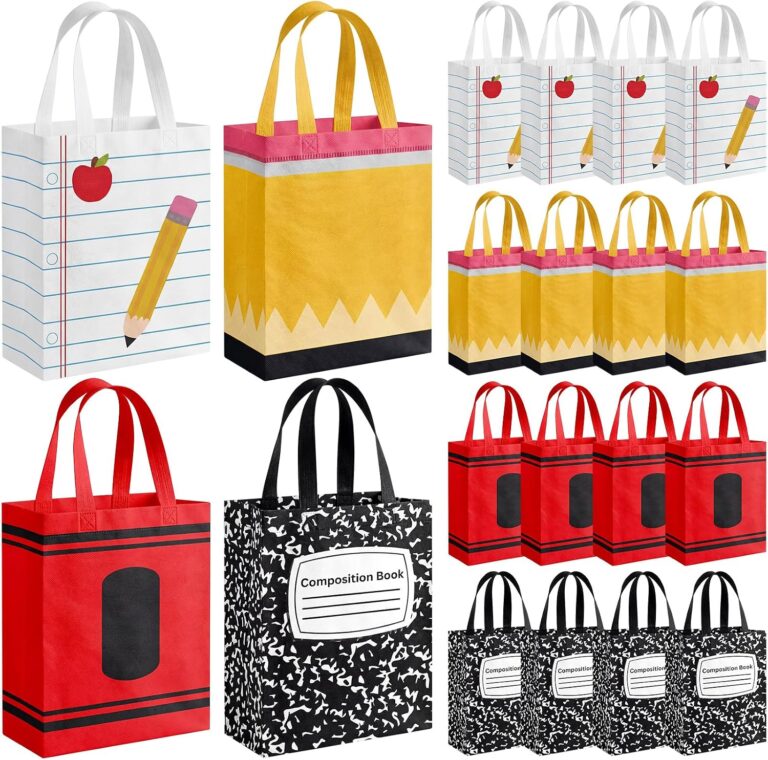 A set of 24 colorful Wesnoy reusable non-woven tote bags with handles, featuring various school-themed designs like crayons a
