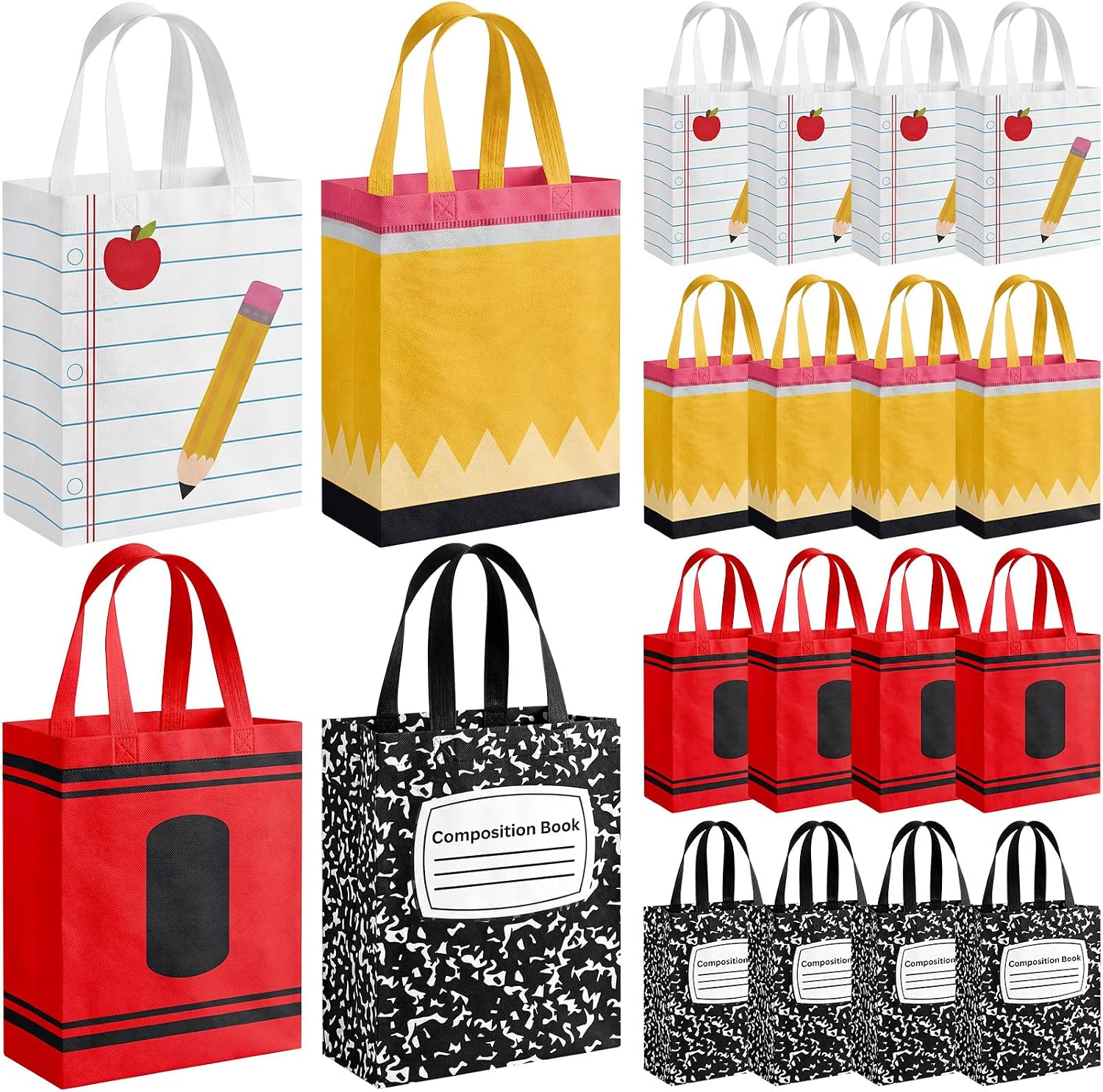 wesnoy-24-pack-reusable-teacher-gift-tote-bags-for-school-graduation-01 A set of 24 colorful Wesnoy reusable non-woven tote bags with handles, featuring various school-themed designs like crayons a