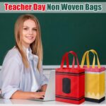 A set of 24 colorful Wesnoy reusable non-woven tote bags with handles, featuring various school-themed designs like crayons a