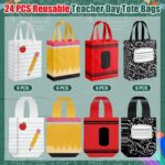 A set of 24 colorful Wesnoy reusable non-woven tote bags with handles, featuring various school-themed designs like crayons a