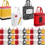 A stack of Wesnoy reusable gift bags with school-themed designs like pencils, crayons, and notebook paper, with handles.