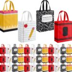 A stack of Wesnoy reusable gift bags with school-themed designs like pencils, crayons, and notebook paper, with handles.