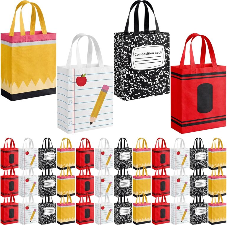 A stack of Wesnoy reusable gift bags with school-themed designs like pencils, crayons, and notebook paper, with handles.