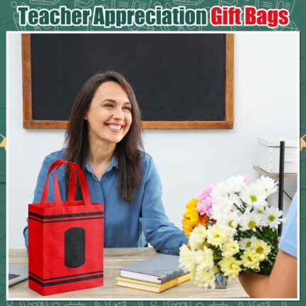 A stack of Wesnoy reusable gift bags with school-themed designs like pencils, crayons, and notebook paper, with handles.