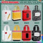 A stack of Wesnoy reusable gift bags with school-themed designs like pencils, crayons, and notebook paper, with handles.