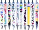 A close-up view of ten YJ PREMIUMS multicolor retractable ballpoint pens with various teaching-themed designs.
