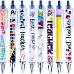 A close-up view of ten YJ PREMIUMS multicolor retractable ballpoint pens with various teaching-themed designs.