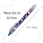A close-up view of ten YJ PREMIUMS multicolor retractable ballpoint pens with various teaching-themed designs.
