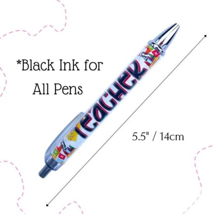 A close-up view of ten YJ PREMIUMS multicolor retractable ballpoint pens with various teaching-themed designs.