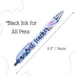 A close-up view of ten YJ PREMIUMS multicolor retractable ballpoint pens with various teaching-themed designs.